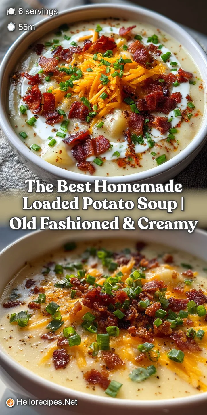 Close-up of loaded potato soup: a velvety, creamy texture with melted cheddar, crisp bacon, and fresh herbs creating an ap...