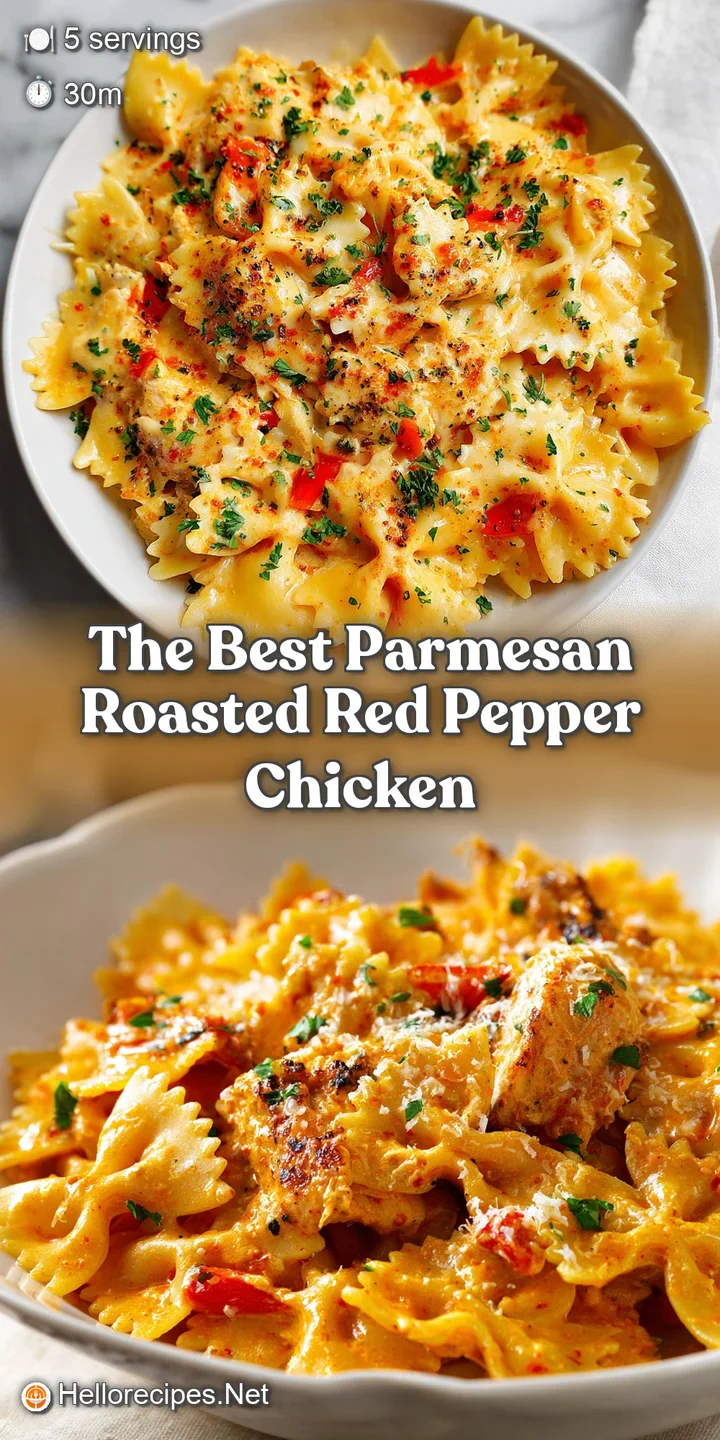 Close-up of parmesan roasted red pepper pasta: glistening sauce coats the pasta, flecked with herbs and grated cheese. Inv...