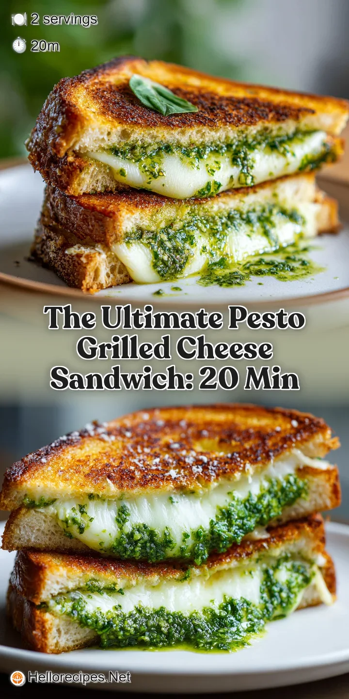 Close-up of a warm, toasted grilled cheese sandwich oozing vibrant green pesto and melted cheese between golden, buttery b...