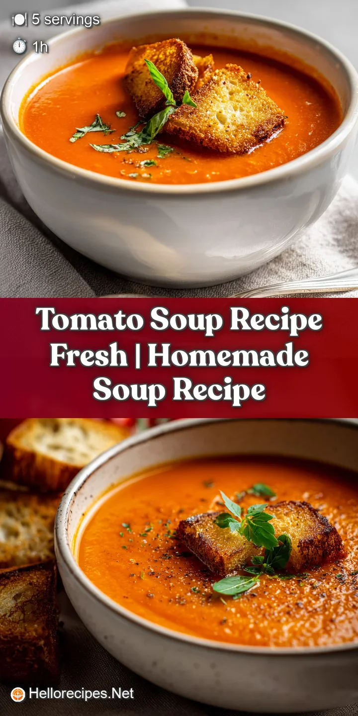 Close-up of steaming tomato soup showcasing the velvety texture and smoky depth of color. Fresh basil and a swirl of cream...