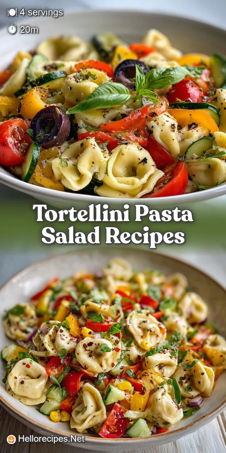 A close-up of pasta salad reveals plump, cheesy tortellini coated in creamy dressing. Fresh vegetables and herbs peek thro...