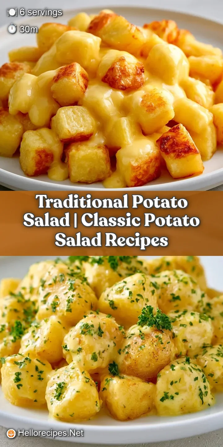 Close-up of chunky potatoes coated in a rich, velvety white dressing with bits of crisp celery and green herbs.