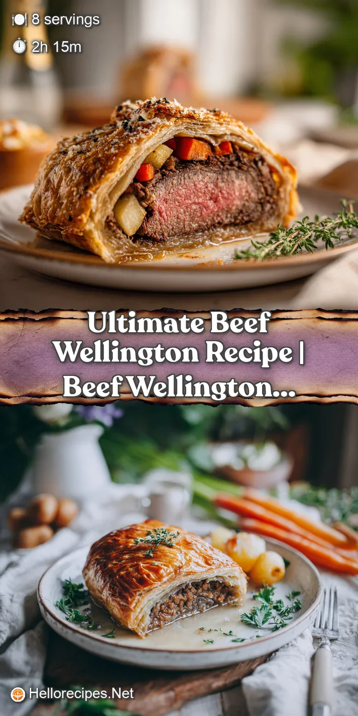 Close-up of a sliced Beef Wellington, showing the moist, rosy beef and crisp pastry with a rich, savory aroma.