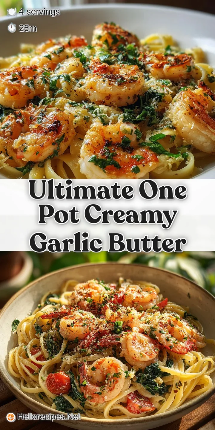 Close-up of shimmering, creamy pasta with glistening garlic and bright green herbs; inviting and mouthwatering texture is ...