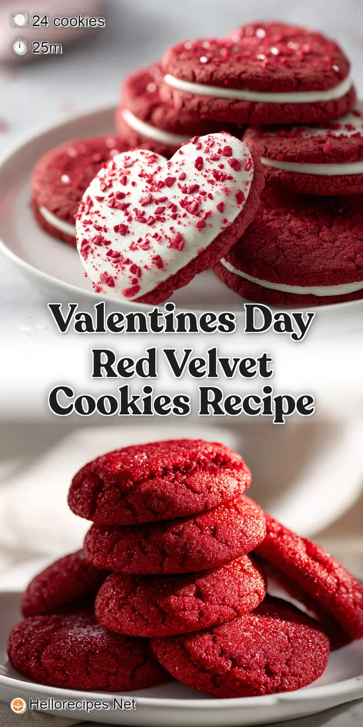 Close-up shows a soft, chewy red velvet cookie with cracked powdered sugar, inviting a bite on Valentine's Day.
