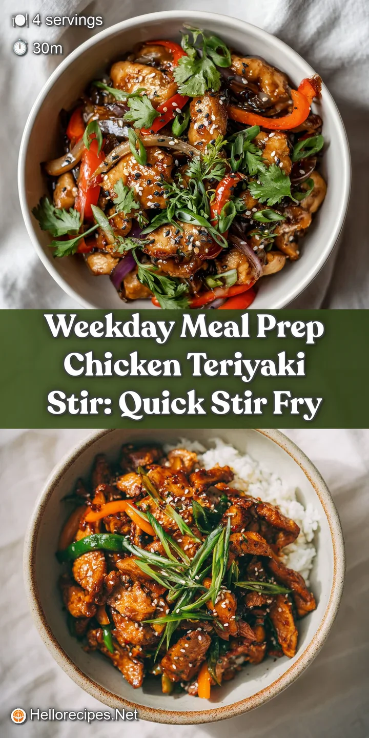 Close-up of tender chicken and crisp-tender vegetables coated in a rich, dark teriyaki sauce. Glistening and appetizing.