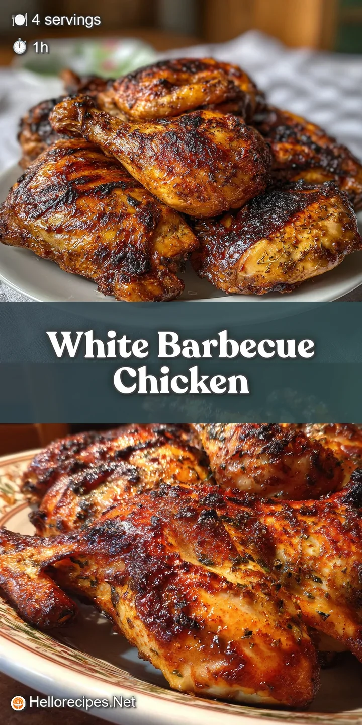 Close-up of crispy baked chicken skin, glistening with creamy white barbecue sauce. Aromatic herbs add a pop of fresh color.