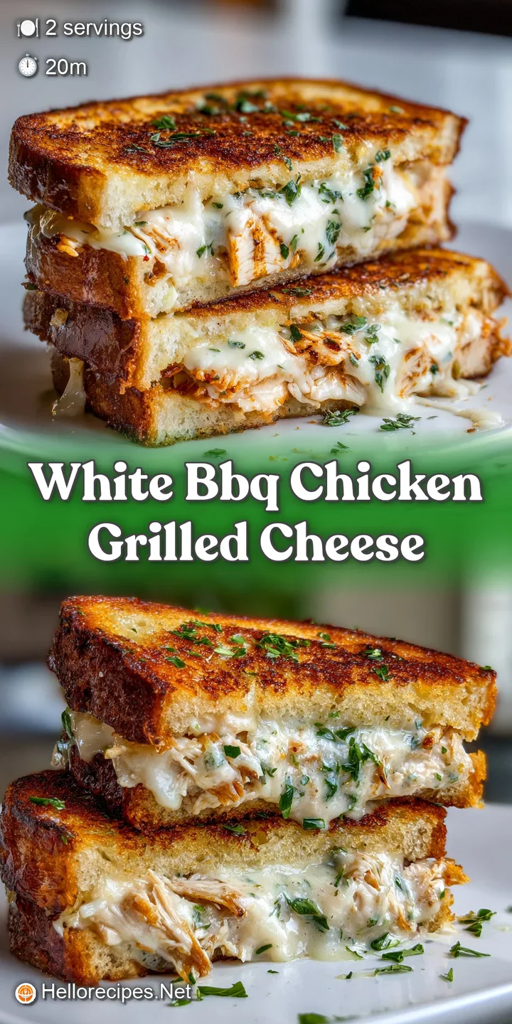 Close-up of a golden-brown grilled cheese, white BBQ sauce glistening, shredded chicken visible, hinting at a flavorful bite.