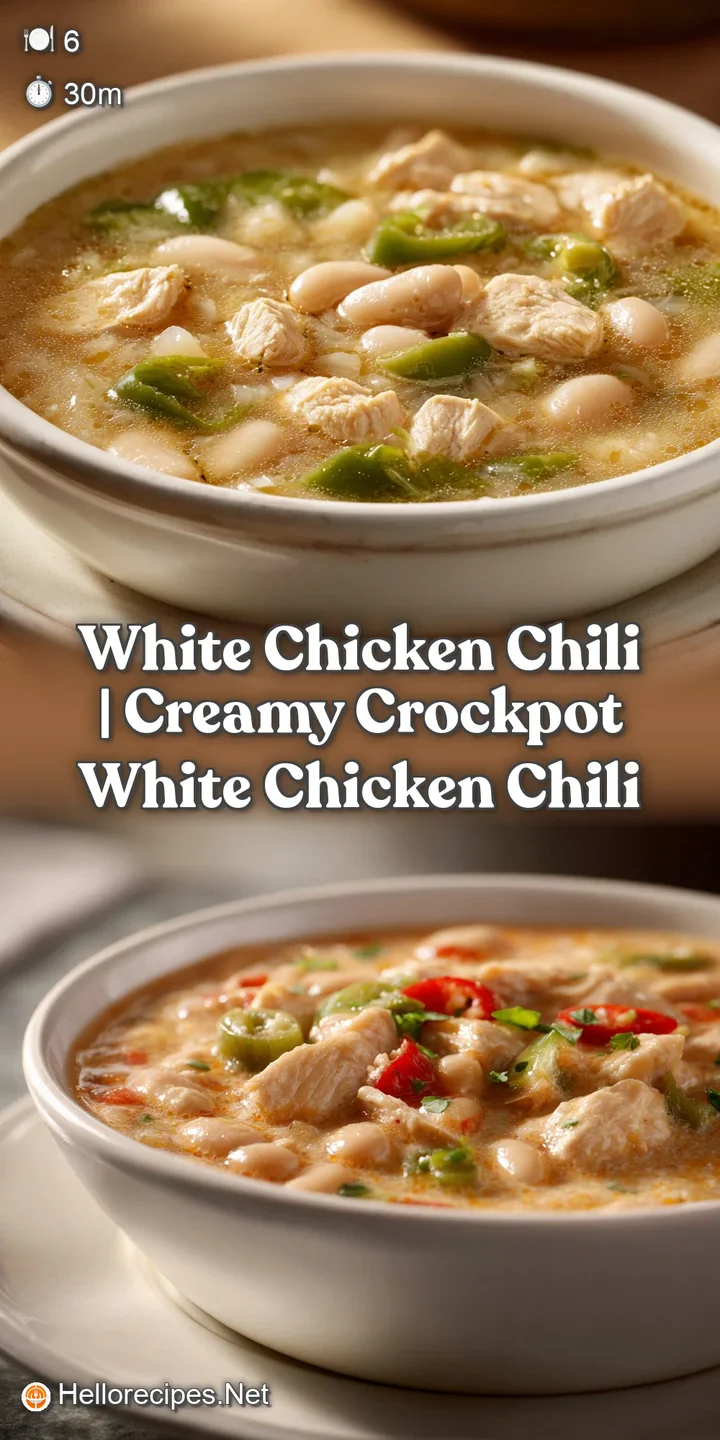 Close-up of a creamy white bean stew with chunks of chicken, melted cheese, and a sprig of bright green cilantro.