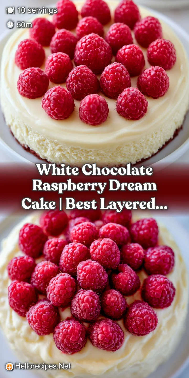 Close-up of fluffy white cake layers with swirls of velvety cream and tart, ruby-red raspberry jam filling.
