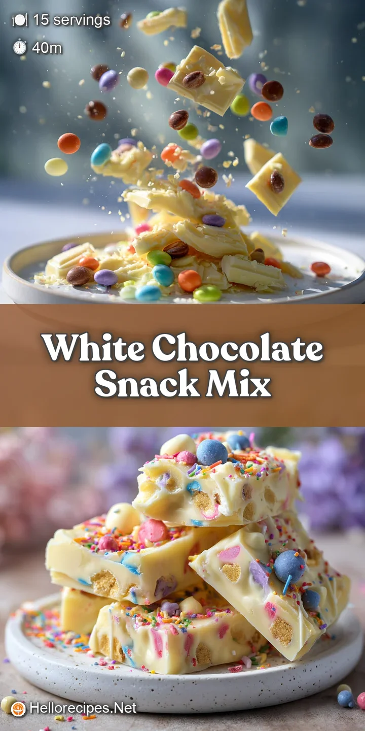 Close-up of white chocolate snack mix highlighting the creamy white chocolate against the crunchy pretzels and colorful ca...