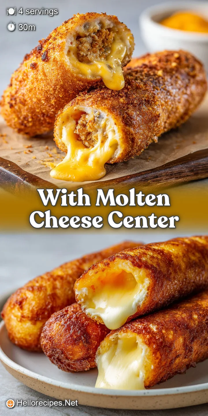 Close-up of a Korean corn dog, showcasing the crispy, golden batter, melted cheese pull, and colorful sauce drizzle. Mouth...