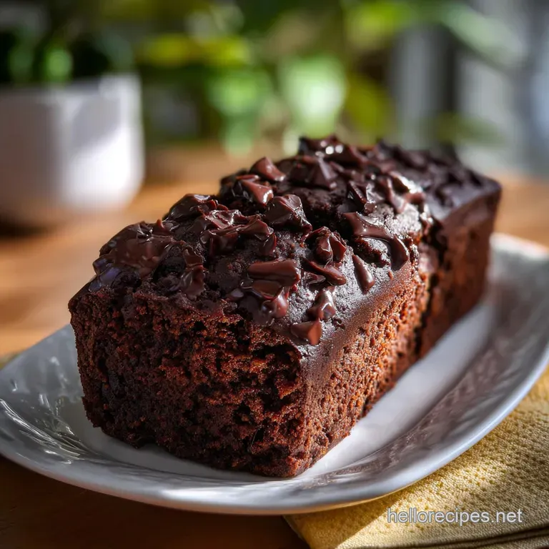 Moist, dark chocolate zucchini bread, dusted with cocoa powder, served elegantly on a white plate with visible crumb texture.