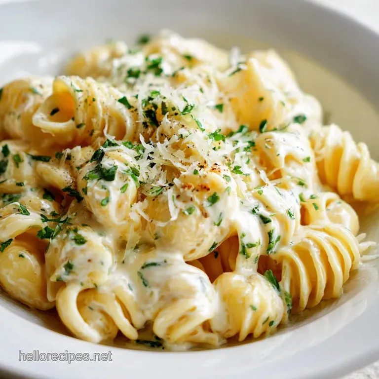 A swirl of cheesy pasta elegantly plated, garnished with fresh green herbs for a vibrant contrast.
