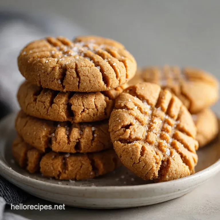 A stack of freshly baked peanut butter cookies drizzled with melted chocolate and sprinkled with salt.