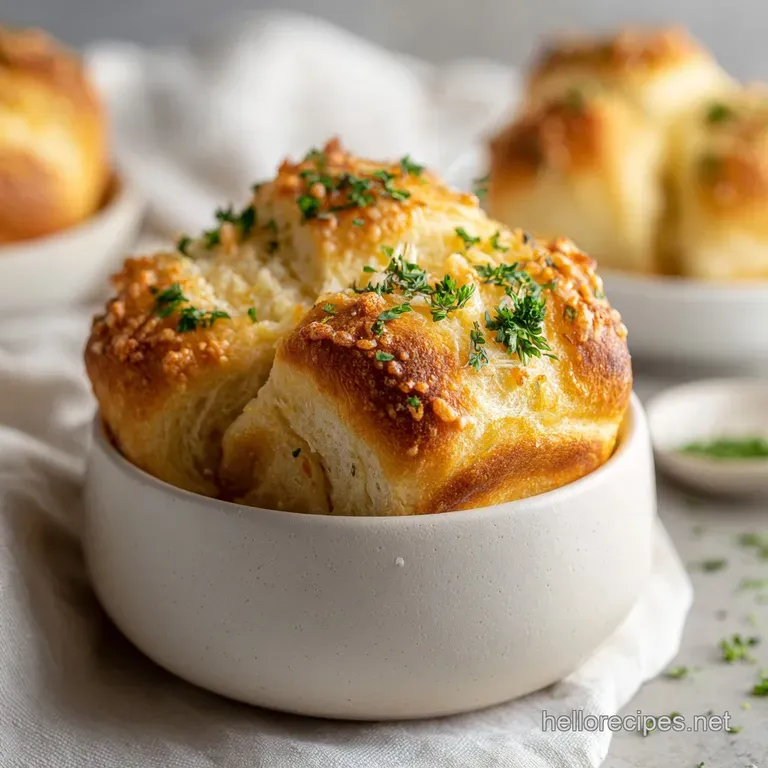 Warm, soft dinner rolls piled elegantly on a white plate, glistening with butter and fresh green herb flecks.