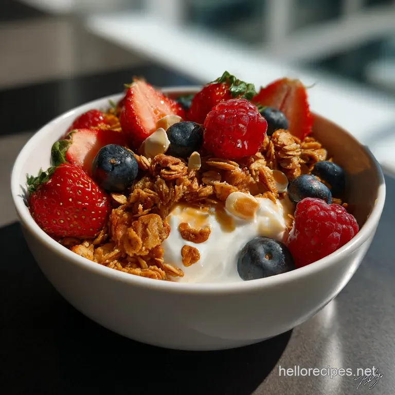 Artful plating of cold-bound granola, with careful arrangement of colorful dried fruits, offering a visual feast on a clea...