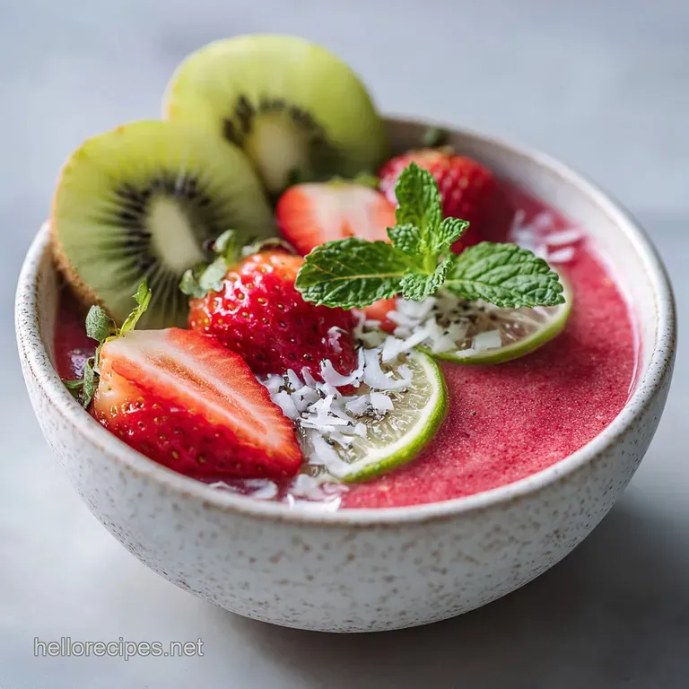 Elegant smoothie bowl with swirling fruit topping, artfully arranged granola, and a dusting of chia seeds in a white ceram...