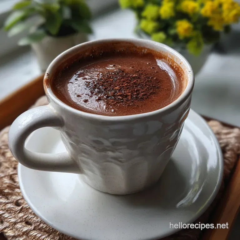 Elegant white mug filled with velvety vegan hot cocoa, garnished with a delicate chocolate shaving, set on a dark wooden s...