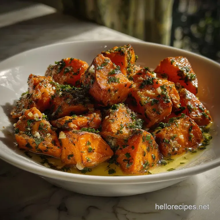 Tender sweet potato rounds arranged artfully on a white plate, garnished with fresh herbs, offering a delightful warm meal.