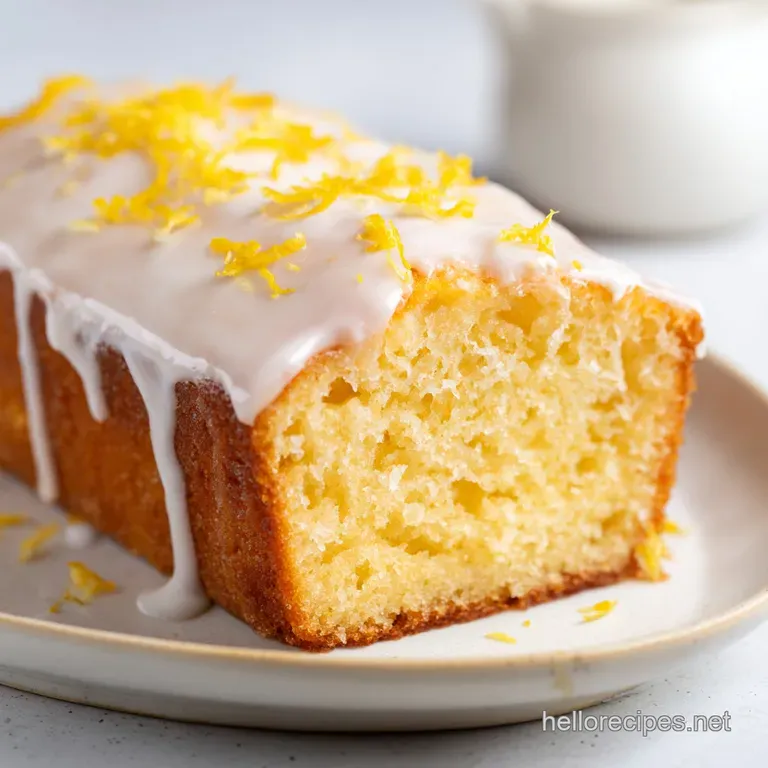 Elegant slice of zesty yellow sponge cake on a ceramic plate with a dollop of cream and fresh lemon curls.