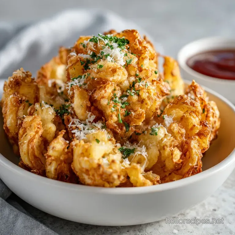 A beautifully bloomed onion, golden and crisp, served with a side of dipping sauce and fresh parsley.