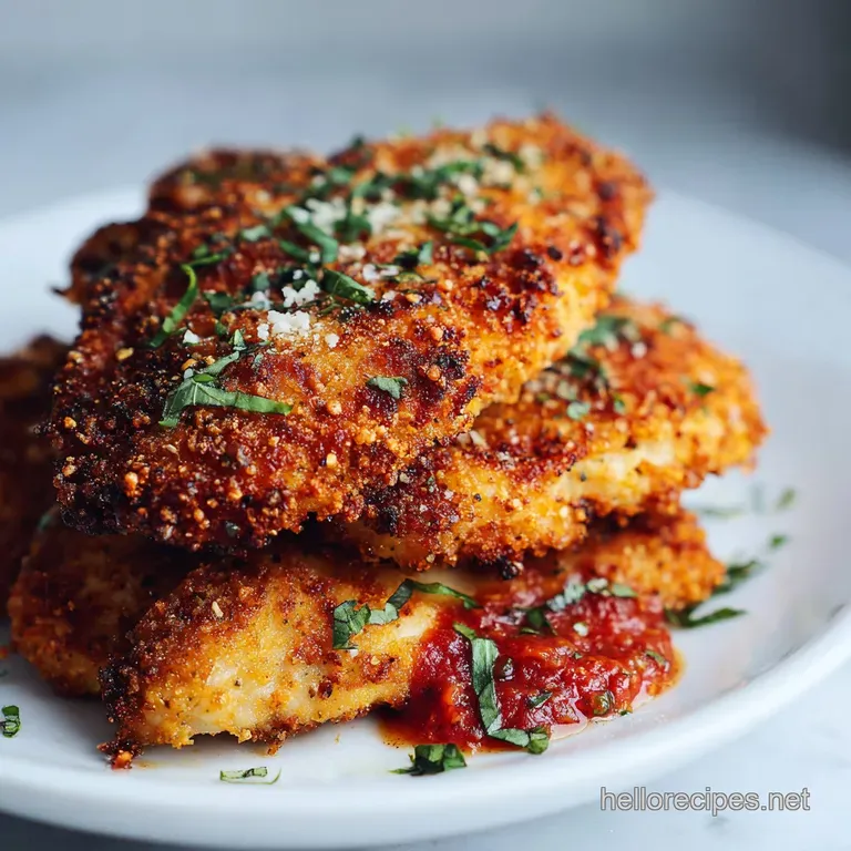 Elegant chicken parmesan presentation: breaded cutlet glistening with sauce, melted cheese pull, basil garnish on white pl...