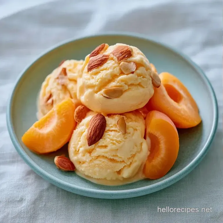 Elegant scoops of pale gold frozen cream on a white plate, accented by amber fruit swirls and crunchy nuts.