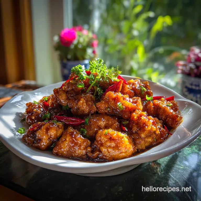 A perfectly portioned plate of glistening, reddish-brown General Tso's chicken with broccoli spears, garnished with sesame...