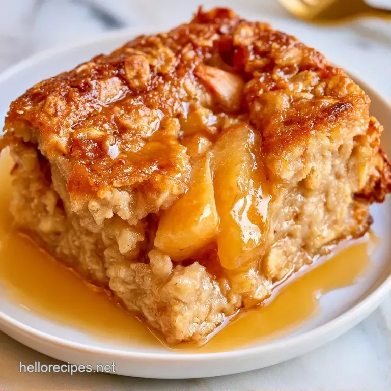 A square slice of golden-brown baked oats on a white ceramic plate, topped with a drizzle of amber maple syrup.