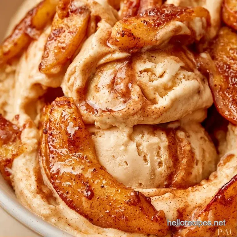 Three scoops of pale cream dessert topped with a cinnamon stick and crisp apple slice on a white marble platter.