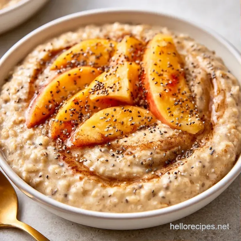 Hearty cinnamon-brown porridge topped with caramelized apple slices and a drizzle of syrup in a white ceramic bowl.