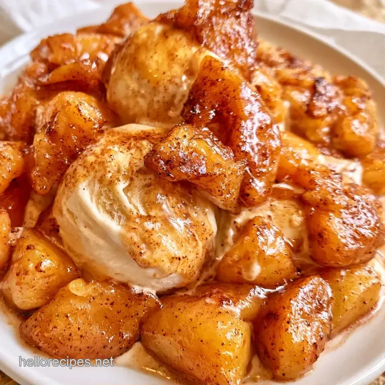Two scoops of creamy vanilla bean ice cream topped with caramelized apples and a crisp buttery crust shard.