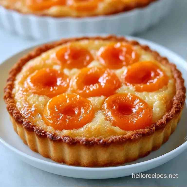 A slice of golden fruit tart on a white ceramic plate, dusted with powdered sugar and garnished with a mint leaf.