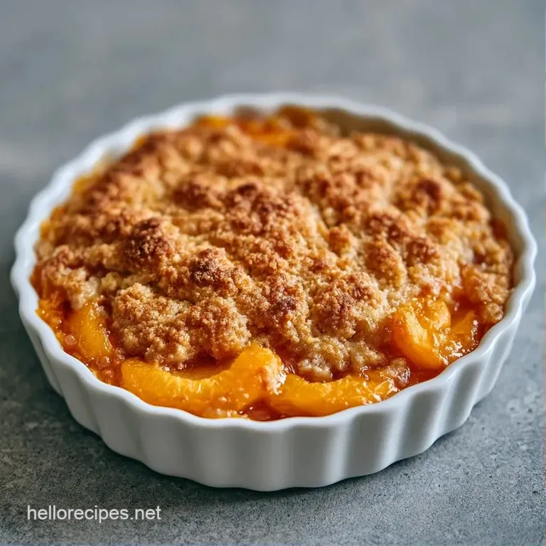 A scoop of melting vanilla ice cream atop a golden oat crust with glistening, jammy orange fruit in a white bowl.