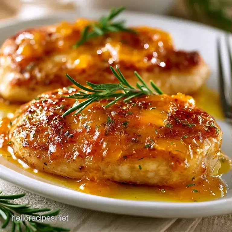 Sliced golden poultry breasts drizzled with a shimmering amber sauce, garnished with fresh parsley on a slate plate.
