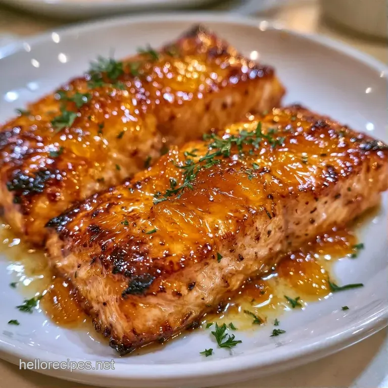 Flaky pink salmon fillet atop a white porcelain plate, drizzled with amber glaze and garnished with sliced almonds.