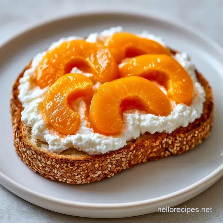 Slices of golden toast topped with white whipped cheese and glazed apricots arranged on a minimalist stone platter.