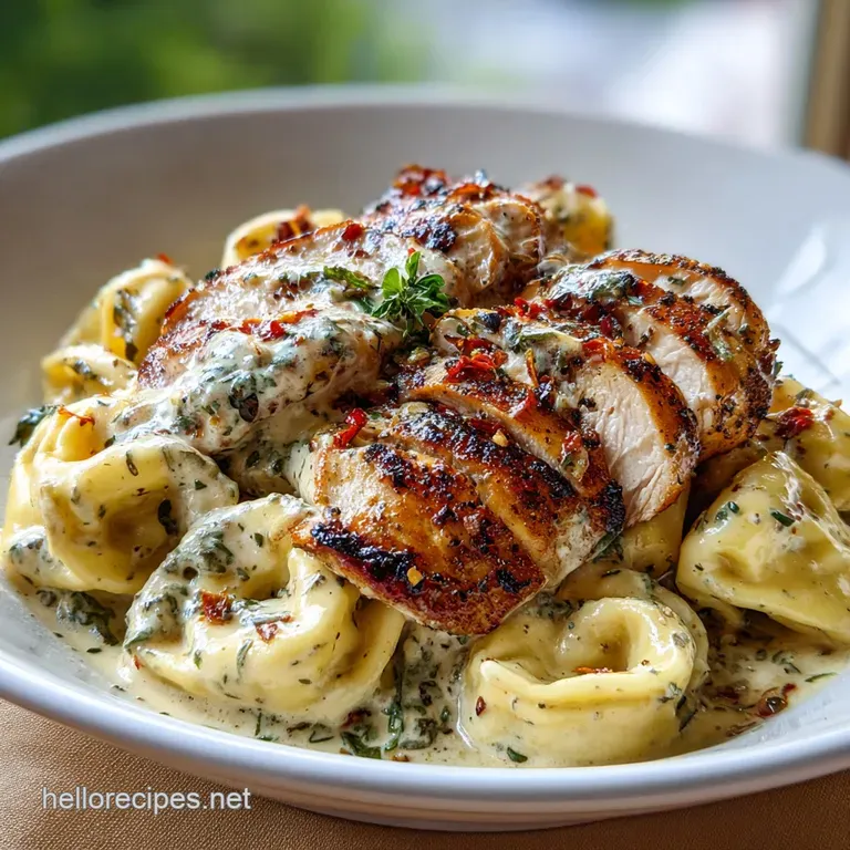 Tortelloni Alfredo with sliced grilled chicken breast; a vibrant, appealing plate garnished with cracked pepper and fresh ...