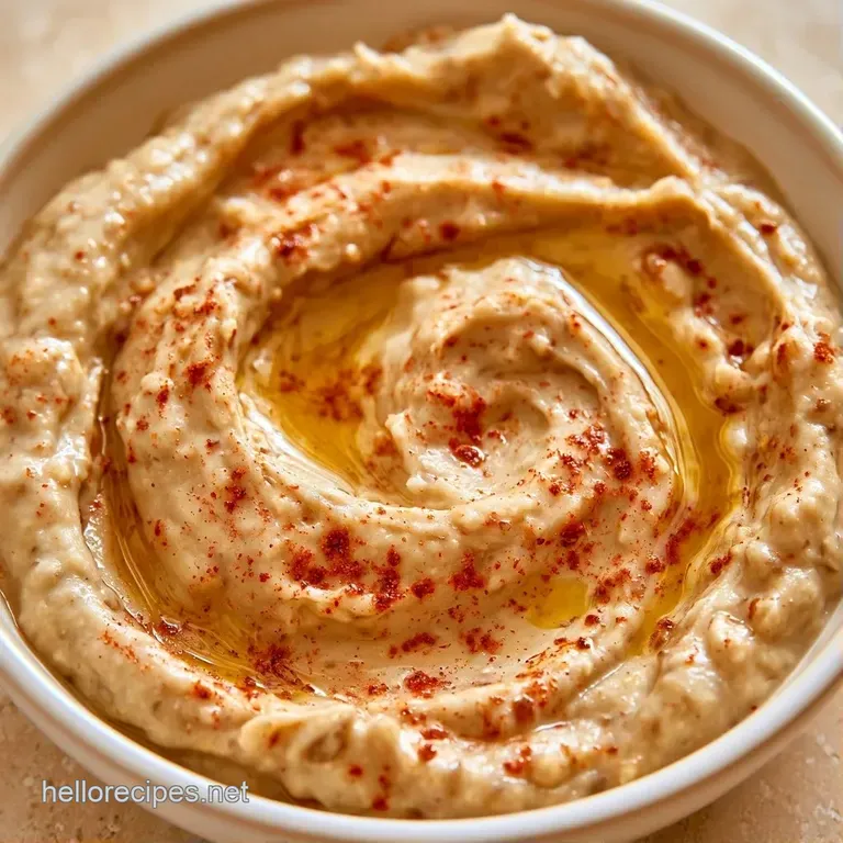 A swirl of smooth eggplant dip drizzled with olive oil and surrounded by colorful raw vegetable crudités.
