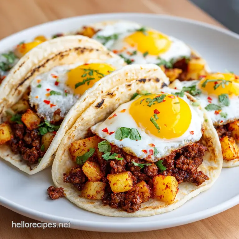 Three perfectly assembled breakfast tacos nestled on a rustic ceramic plate, garnished with cilantro and lime wedges.