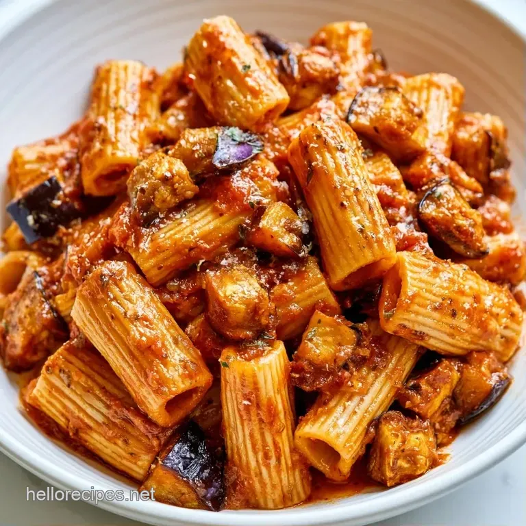 Elegant swirl of pasta with deep red sauce and melted cheese, garnished with fresh basil on a matte grey plate.