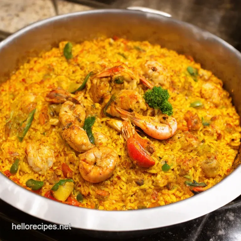 Authentic Spanish Paella Seafood Chicken presentation