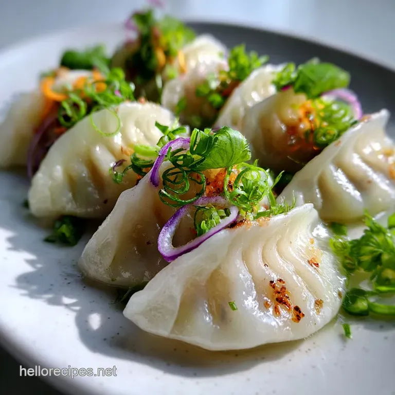 Steaming Thai dumplings artfully arranged on a ceramic plate, glistening with sauce and garnished with cilantro; inviting ...