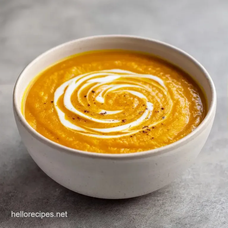 A modern white bowl filled with velvety golden soup, drizzled with cream and toasted pumpkin seeds on a linen cloth.