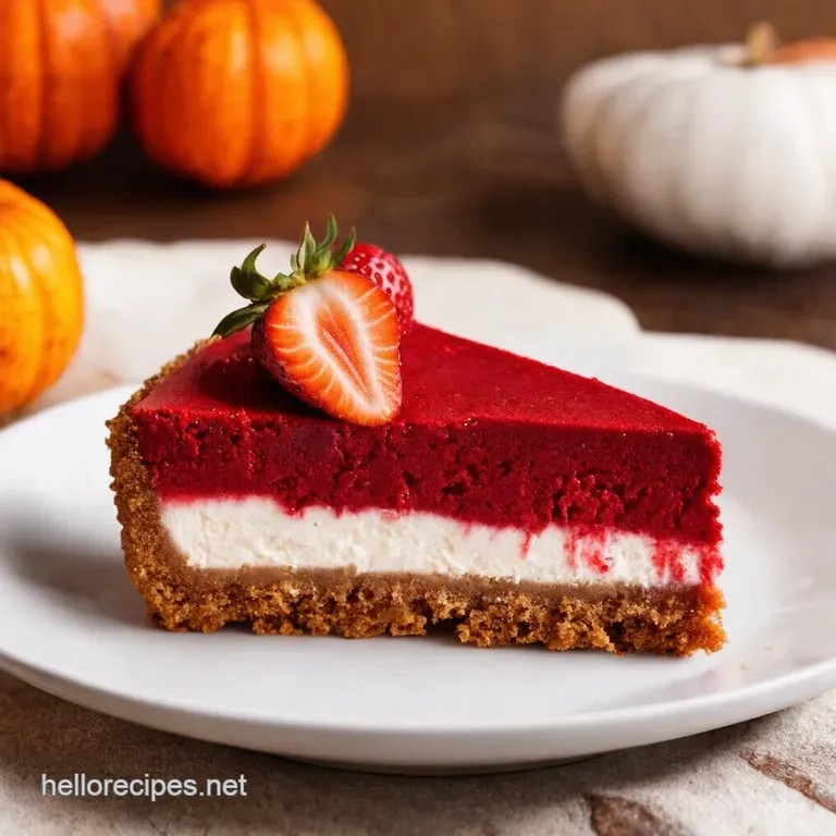 Autumns Embrace Red Velvet Strawberry Swirl Cheesecake presentation