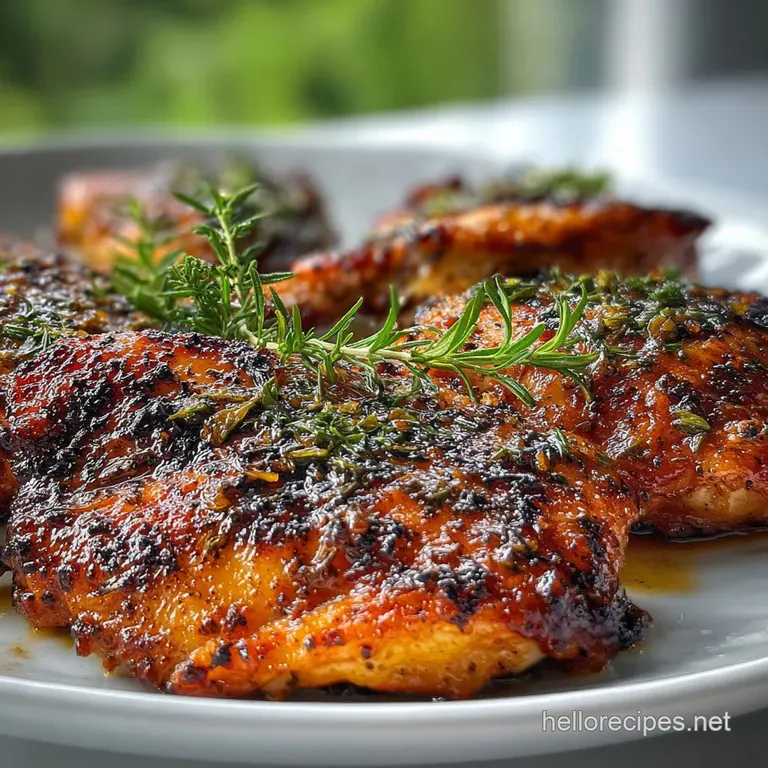 Seared chicken with a glistening glaze rests on vibrant greens, garnished with herbs. Sauce pools invitingly in the plate.