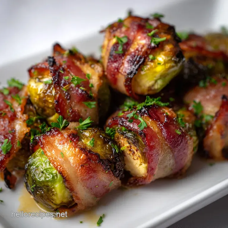 Artfully arranged plate of vibrant green sprouts, wrapped in golden-brown bacon, creating a visually appealing, appetizing...