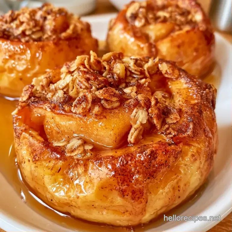 Four tender apples topped with toasted oats, served on a white platter with a drizzle of maple syrup and mint leaves.