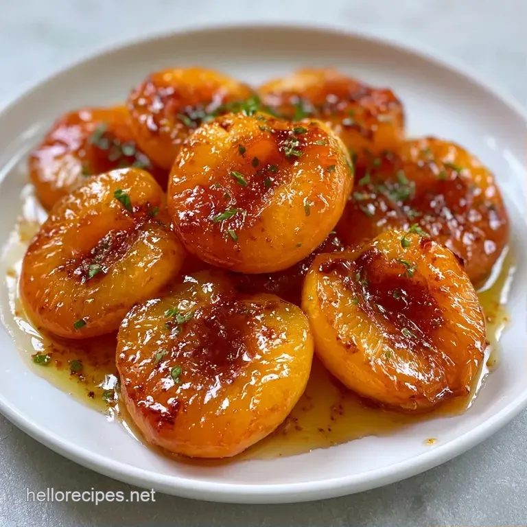 Tender golden-orange fruit halves drizzled in shimmering syrup, garnished with fresh mint on a minimalist ceramic plate.